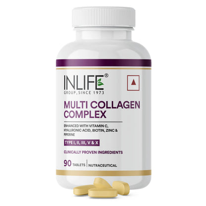 INLIFE Multi Collagen Complex Tablets | 5 Types Peptides I, II, III, V & X with Biotin, Hyaluronic Acid | Collagen Powder Supplements for Women & Men - 90 Tablets (Pack of 1)