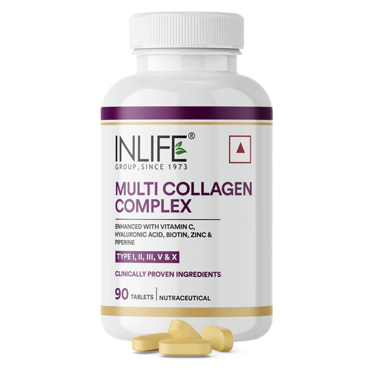 INLIFE Multi Collagen Complex Tablets | 5 Types Peptides I, II, III, V & X with Biotin, Hyaluronic Acid | Collagen Powder Supplements for Women & Men - 90 Tablets (Pack of 1)