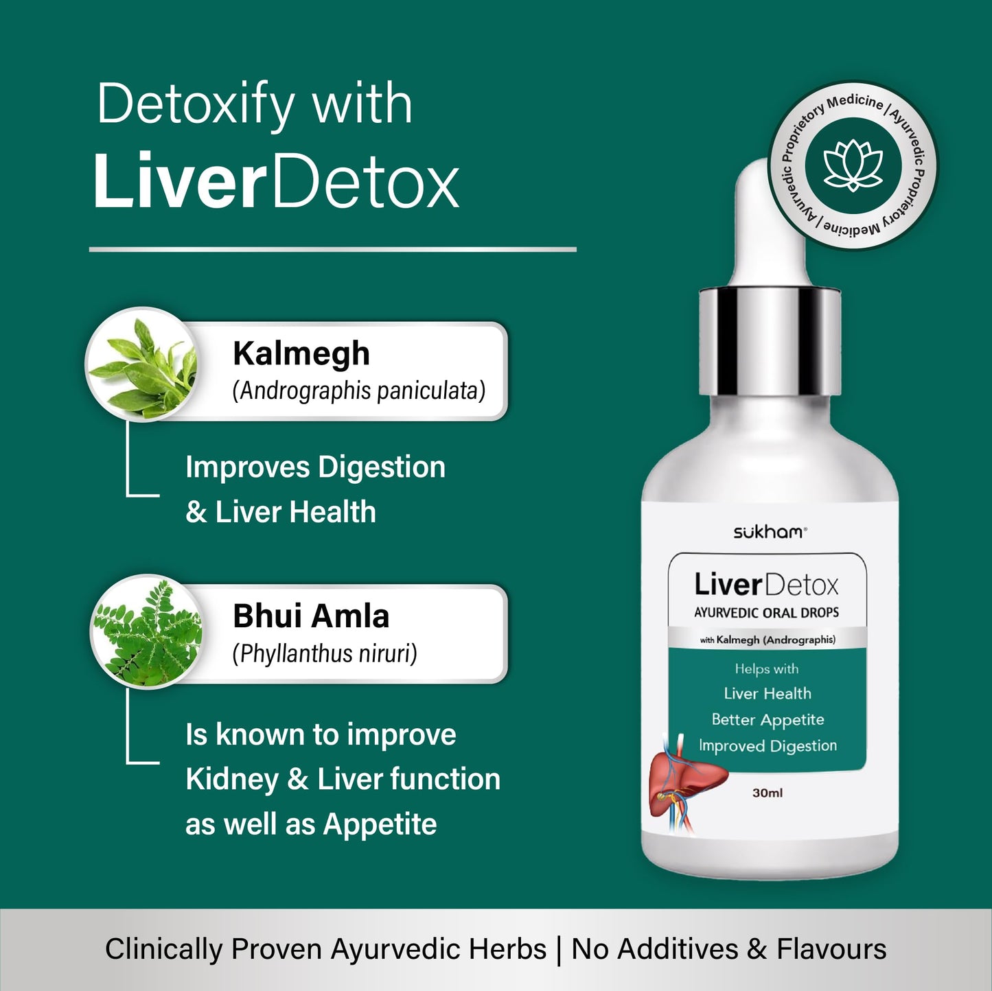 Sukham Liver Detox Drops | 30ml | 40 days | Kalmegh (Andrographis) & Bhui Amla | Helps with Liver Health, Acidity & Indigestion | Preservative Free | Natural & 100% Ayurvedic Oral Drops | Men & Women