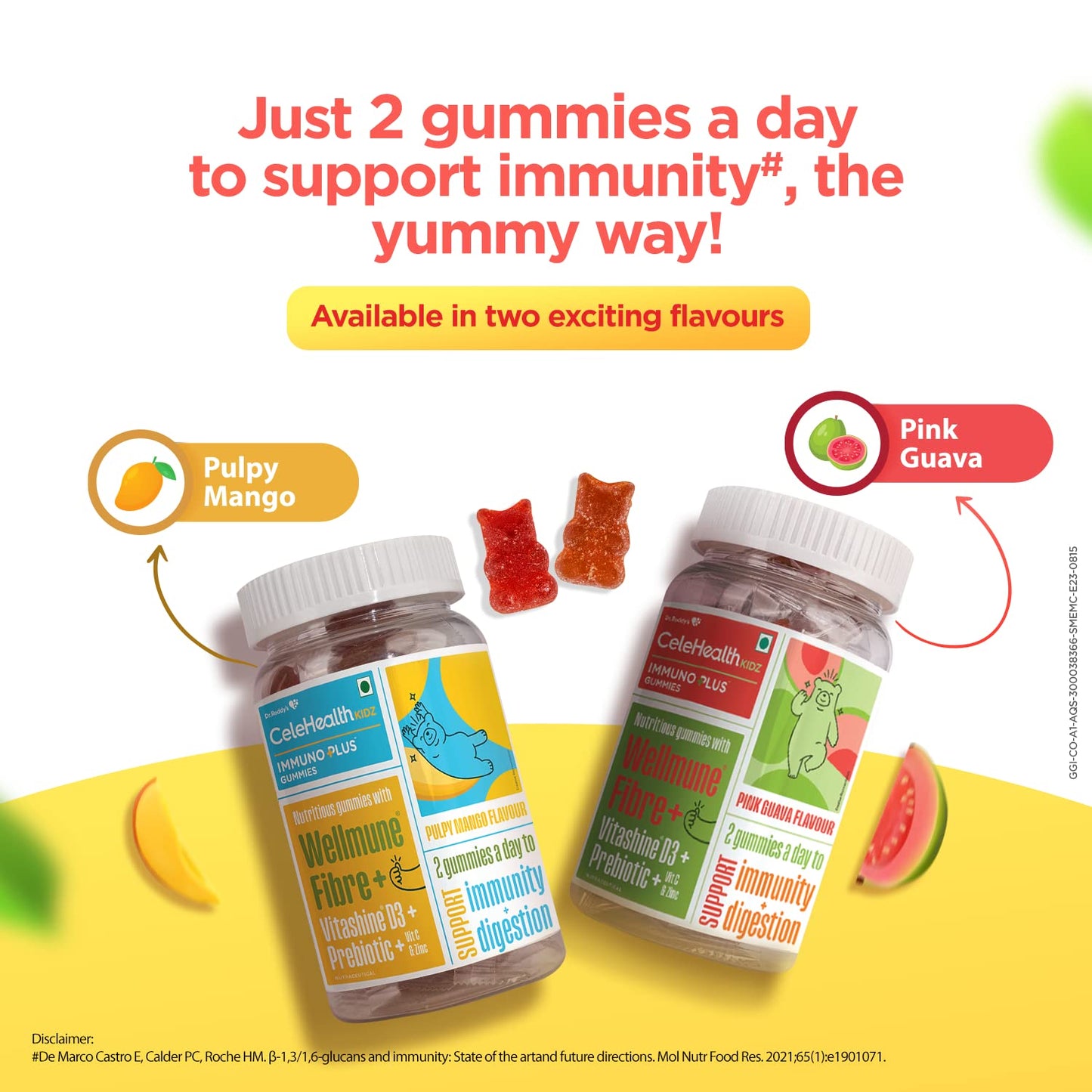 Dr. Reddy's CeleHealth Kidz Immuno Plus Multivitamin Gummies with Wellmune, Vitamin C & Zinc for Kids (4 - 12 Years) | Supports Immunity and Digestion | Pulpy Mango Flavour | 30 Gummies - Pack of 2 | 100% Vegetarian