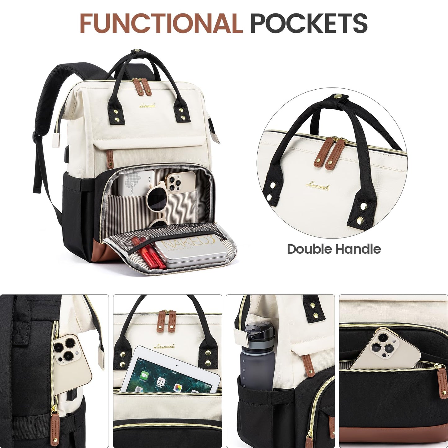 LOVEVOOK Laptop Backpack for Women, Travel Computer Work Bag, Business Teacher Nurse Backpack Purse, 15.6-inch, Beige-Brown-Black, Beige-brown-black, 15.6 Inch