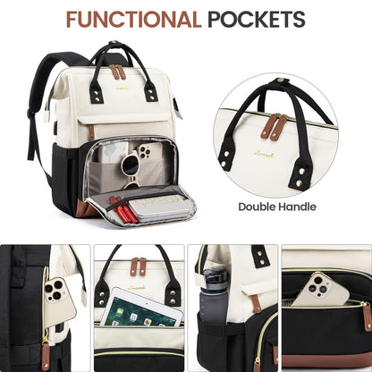LOVEVOOK Laptop Backpack for Women, Travel Computer Work Bag, Business Teacher Nurse Backpack Purse, 15.6-inch, Beige-Brown-Black, Beige-brown-black, 15.6 Inch