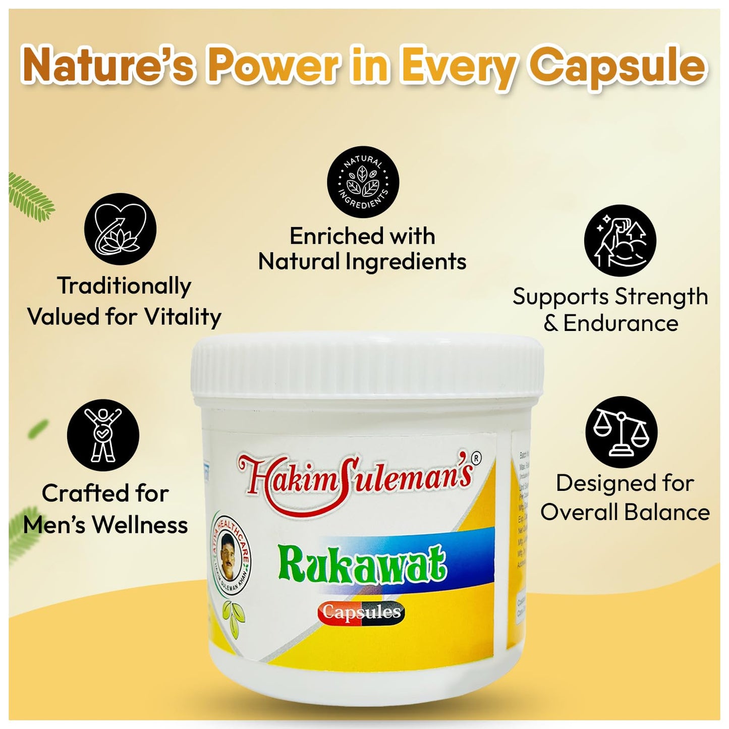 Hakim Suleman's Rukawat Capsules – Natural Herbal Supplement for Energy, Stamina, Boosts Immunity & Overall Wellness - 45 Capsules (Pack of 2)