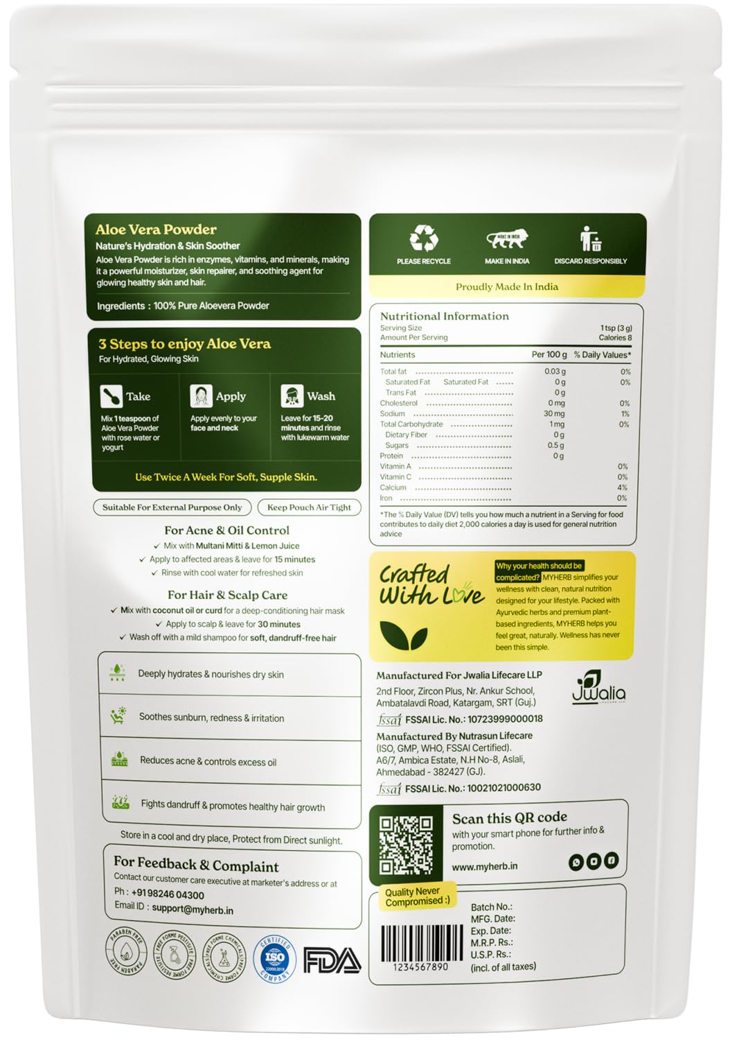 MYHERB 100% Pure Natural Organic Aloevera Powder (Aaloe Barbadensis) || 227 Gm/0.5 Lbs || Natural Skin Moisturizer || Eco Friendly || For Face, Skin,Hair Care & Food Grade -For Man And Women
