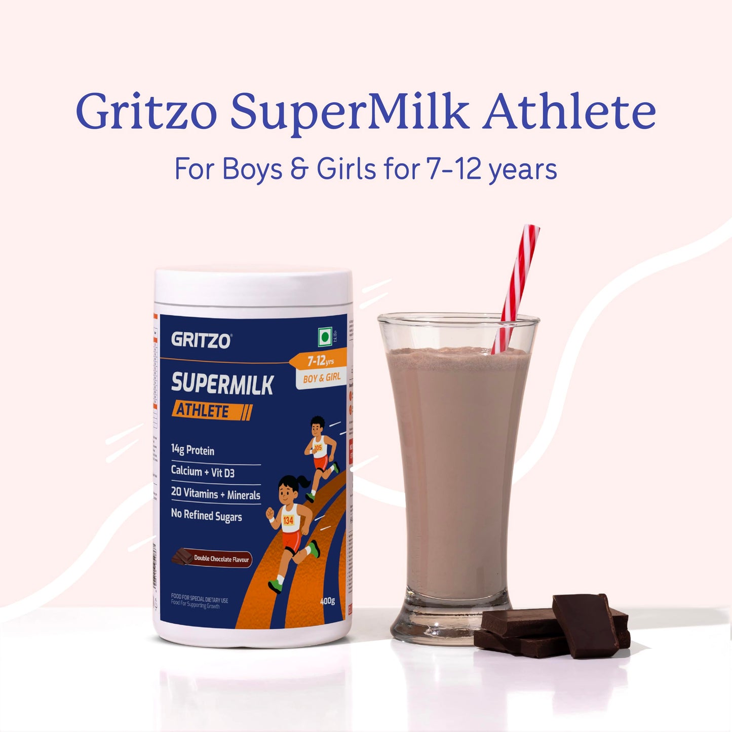 Gritzo SuperMilk Athlete (7-12y Boy & Girl), 14g Protein Powder (Double Chocolate, 400g) | Zero Refined Sugar, 20 Vitamins & Minerals