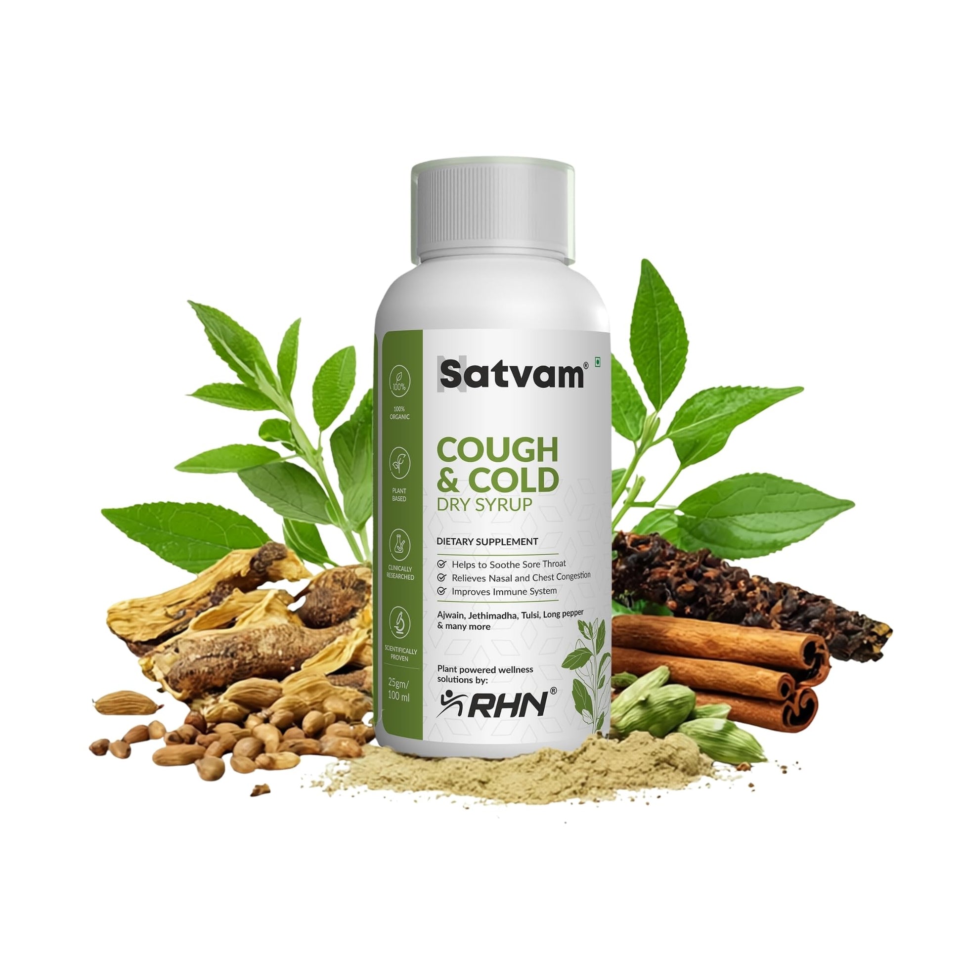 Satvam Cough & Cold Dry Syrup with Ajwain, Vasaka, Curcumin & Tulsi