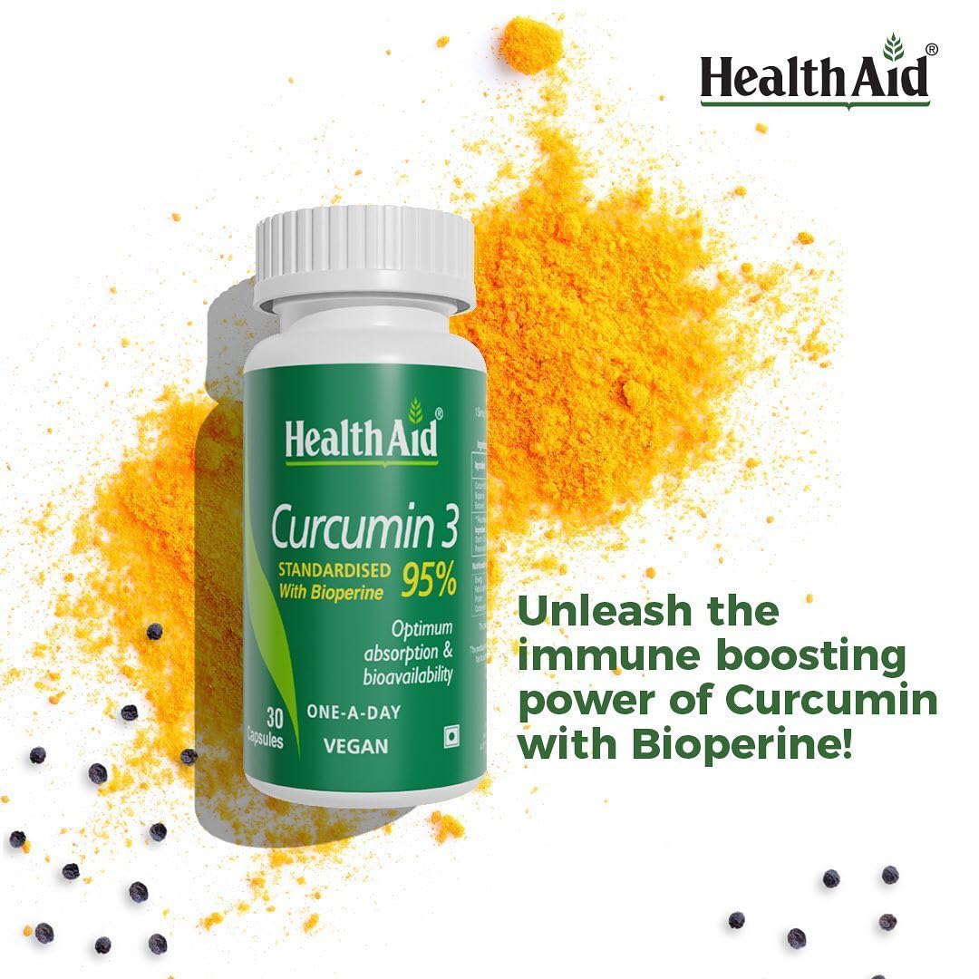 HealthAid Curcumin With Bioperine -30 Veg Capsules | With 95% Curcuminoids Supplement For Better Absorption|Support For Skin & Joint, Immunity|Antioxidant & Anti-inflammatory | For Men & Women