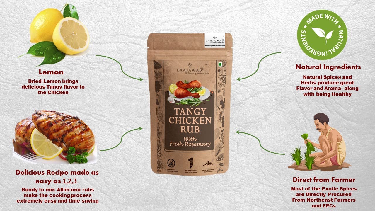 Laajawab All-In-One Natural Tangy Marinade With Robust Blend Of Lemon Pepper, Garlic, Onion & Rosemary For Easy Cooking Bbq/Tandoori/Grill/Fry/Gravy | Perfect For Marinating Chicken Breasts, 130 Gm