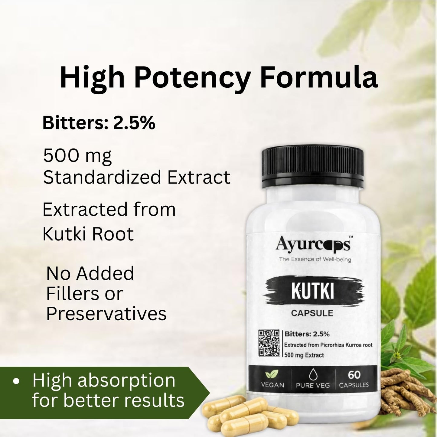 Ayurcaps Kutki 500mg Capsules | Ayurvedic Herbal Supplement For Liver And Digestive Wellness | Plant-based Extract For Daily Wellness Routine | 60 Veg Capsules (60 Count (Pack of 1))