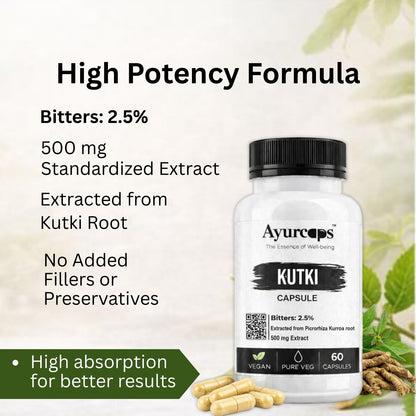 Ayurcaps Kutki 500mg Capsules | Ayurvedic Herbal Supplement For Liver And Digestive Wellness | Plant-based Extract For Daily Wellness Routine | 60 Veg Capsules (60 Count (Pack of 1))