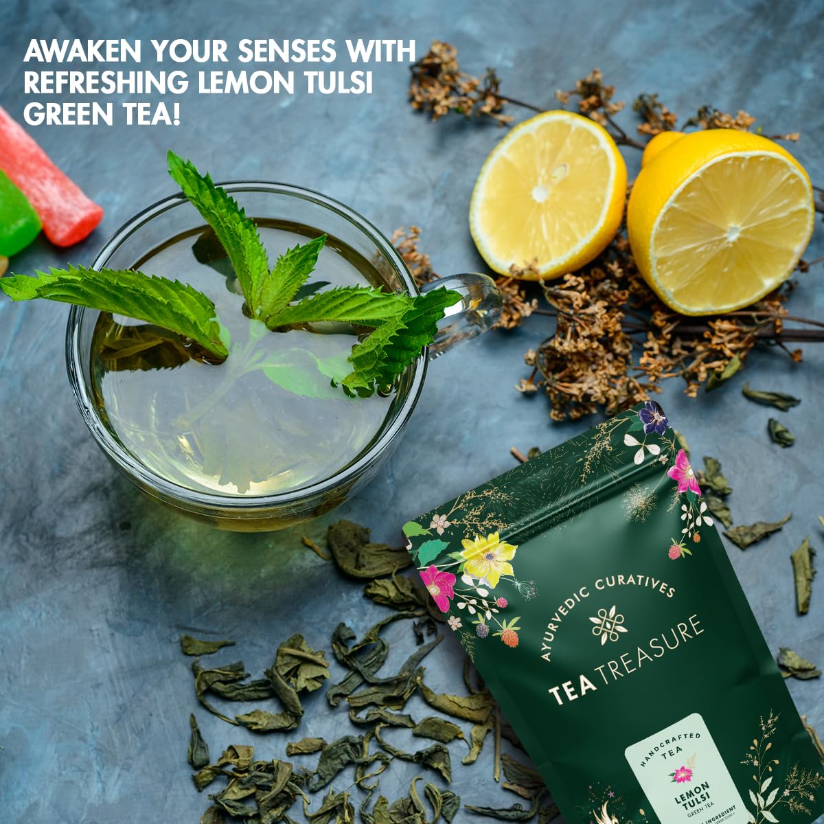 Tea Treasure Lemon Tulsi Green Tea | 100g Loose Leaf | Blend of Green, Lemon Tulsi & Lemongrass | Natural Detox & Immunity Booster | Herbal Wellness Tea for Digestion & Stress Relief | Caffeine Light | 100% Natural Ingredients