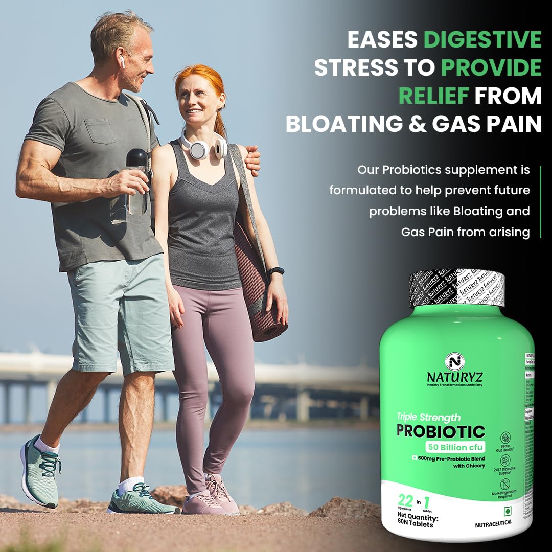 NATURYZ Triple Strength Probiotic 50 Billion CFU with Highest Pre-Probiotic 600 Mg | Chicory Root | 22 Nutrients for Gut Health | 24/7 Digestion | Supports in Occasional Constipation, Diarrhea, Gas & Bloating for Women & Men | No Refrigeration required -