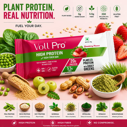 Voll Pro Plant Protein Bar with Daily Greens - High Protein 20g, Fiber 5.5g, 0g Sugar - Strawberry Flavour- Non-GMO- Gluten & Trans Fat Free-Crunchy, Delicious Nutrient-Rich Protein Bars,(50g X 6 Bar) -Pack Of 6 Bar (Pack Of 6, Strawberry)