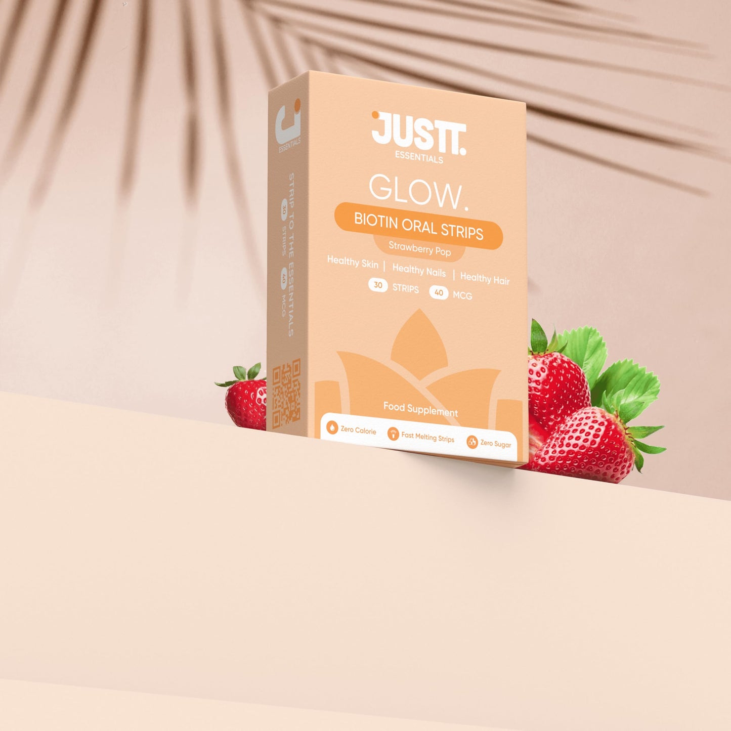 JUSTT ESSENTIALS Glow Biotin Oral Strips, 10,000 mcg Sesbania Extract, Strawberry Pop Flavor, 30 Fast Dissolving Strips, Vegan Plant-Based Supplement for Hair Growth, Glowing Skin & Strong Nails