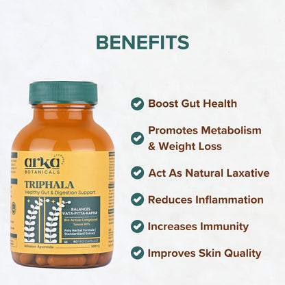 Arka Botanicals Triphala 60 Veg Capsules | Natural Ayurvedic Formula for Gut Wellness & Digestion Support | Herbal Supplement for Bowel Health & Daily Detox | Plant-Based Cleanse