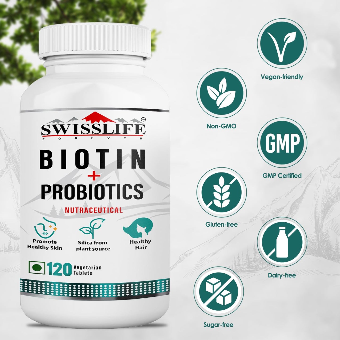 SWISSLIFE FOREVER Biotin with Probiotics (120 Veg Tablets) | Vitamin A,C,E,B1,B2,B3,B5,B6,B9,B12 | for Long & Thick Hair Growth | Glowing Skin & Longer Nails for Men & Women