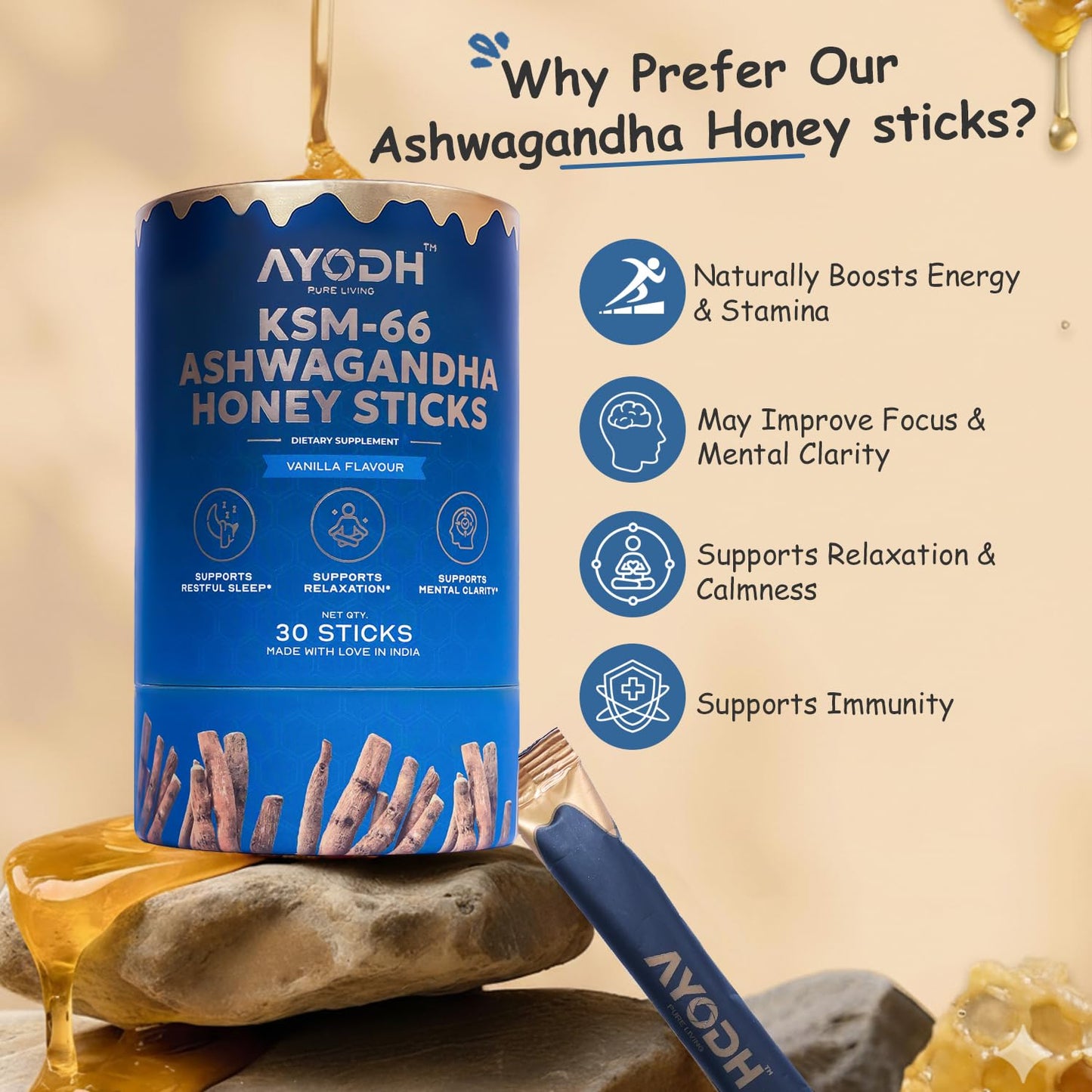 AYODH Ashwagandha Honey Sticks KSM 66 Ashwagandha Vanilla Syrup Raw Honey for Women Men Supports Relaxation Stamina Immunity Calmness 30 Sticks | Pack of 2