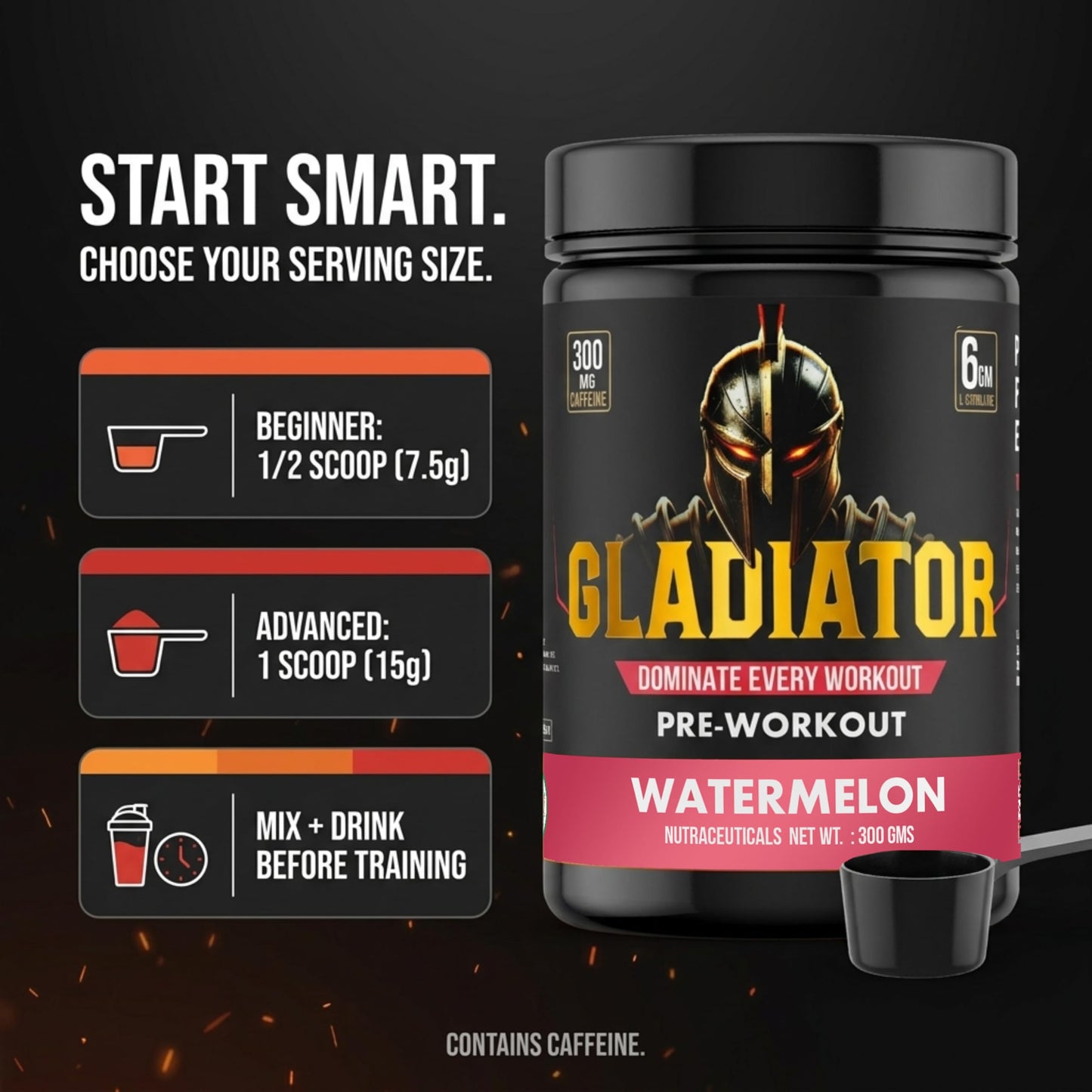 BEN Gladiator Pre-Workout 300 gm Watermelon |300 mg Natural CAFFEINE|EXTREME Pre Workout|6 gm L-Citrulline|Lazer Focus& INSANE pumps