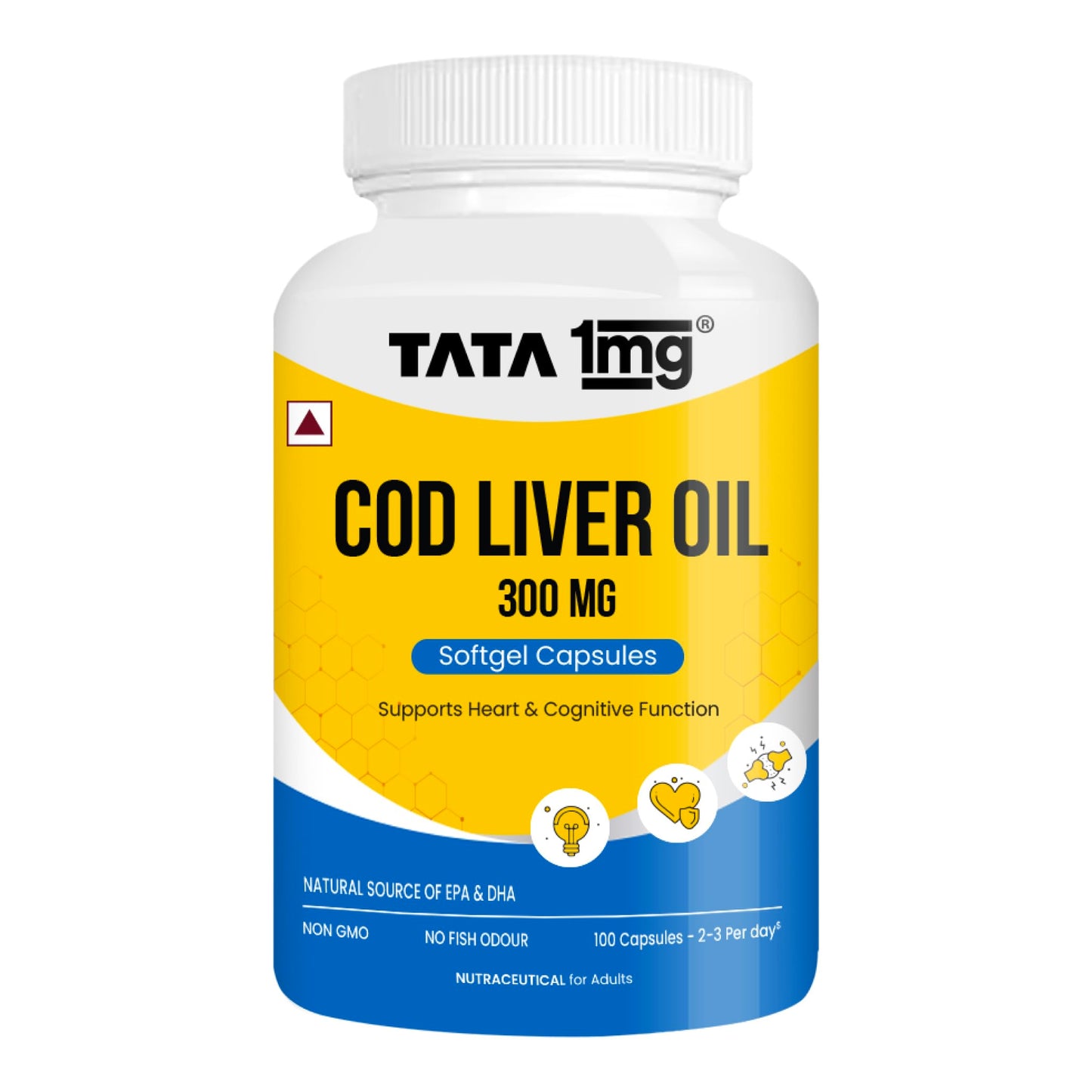 1MG Tata Cod Liver Oil Supplement with Omega 3,Vitamin A and D - 100 Capsules | Supports Heart, Brain, Joint and Vision Health | Fish Oil for Women & Men | No Fish Odour & Non-GMO