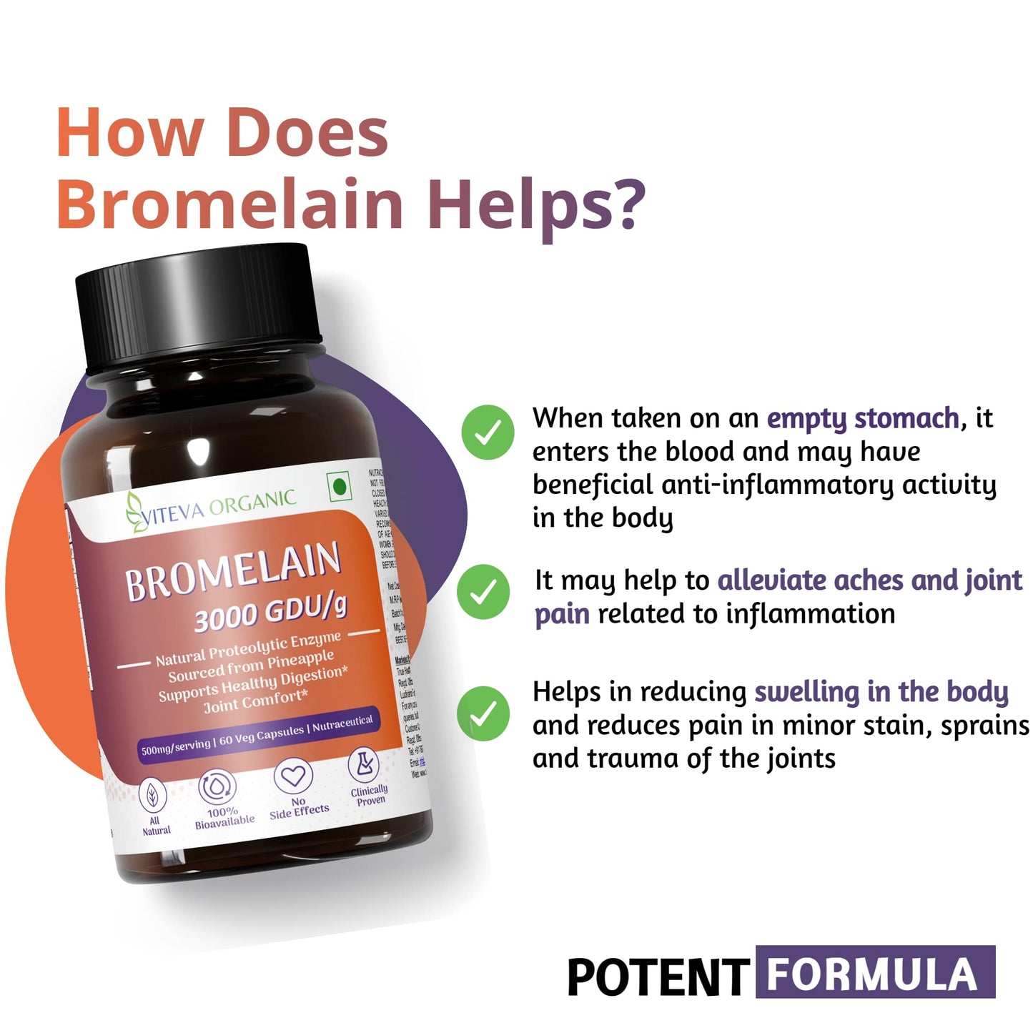 Viteva Organic High Potency Bromelain Digestive Enzyme 3000 GDU/g - 500mg - 60 Veg Capsules | Derived from Pineapple | Anti-inflammatory, Supports Joints Comfort and Healthy Digestion