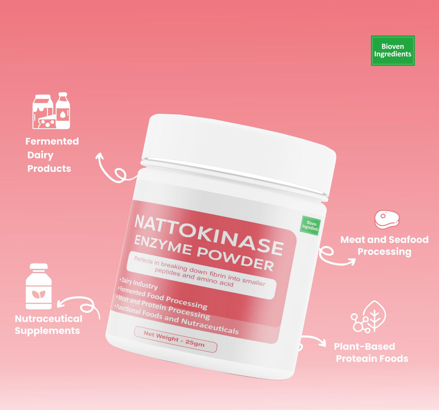 Bioven Ingredients Nattokinase Enzyme Powder Non-GMO, Dietary Supplements/Food and Beverages, Broad pH Range of Activity, Excellent Thermostability, Hydrolyse Fibrin, No Filters/Binder