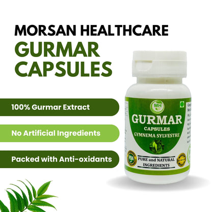MORSAN HEALTHCARE | Ayurvedic Gurmar (Gudmar) Capsules 500mg – 60 Count | Vegetarian | Plant-Based | Herbal Supplement | No Artificial Additives | Gluten-Free | Organic | Gymnema sylvestre | Dia Free Herbal Capsules (pack of 1)