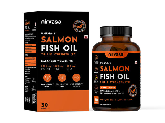 Nirvasa Omega 3 Salmon Fish Oil Softgel Capsules (Triple Strength) for Men & Women | 1250mg Salmon Fish Oil, 560mg EPA & 400mg DHA | No Fishy Burps | Supports Healthy Heart, Brain & Bones - 30 x 1 Cap