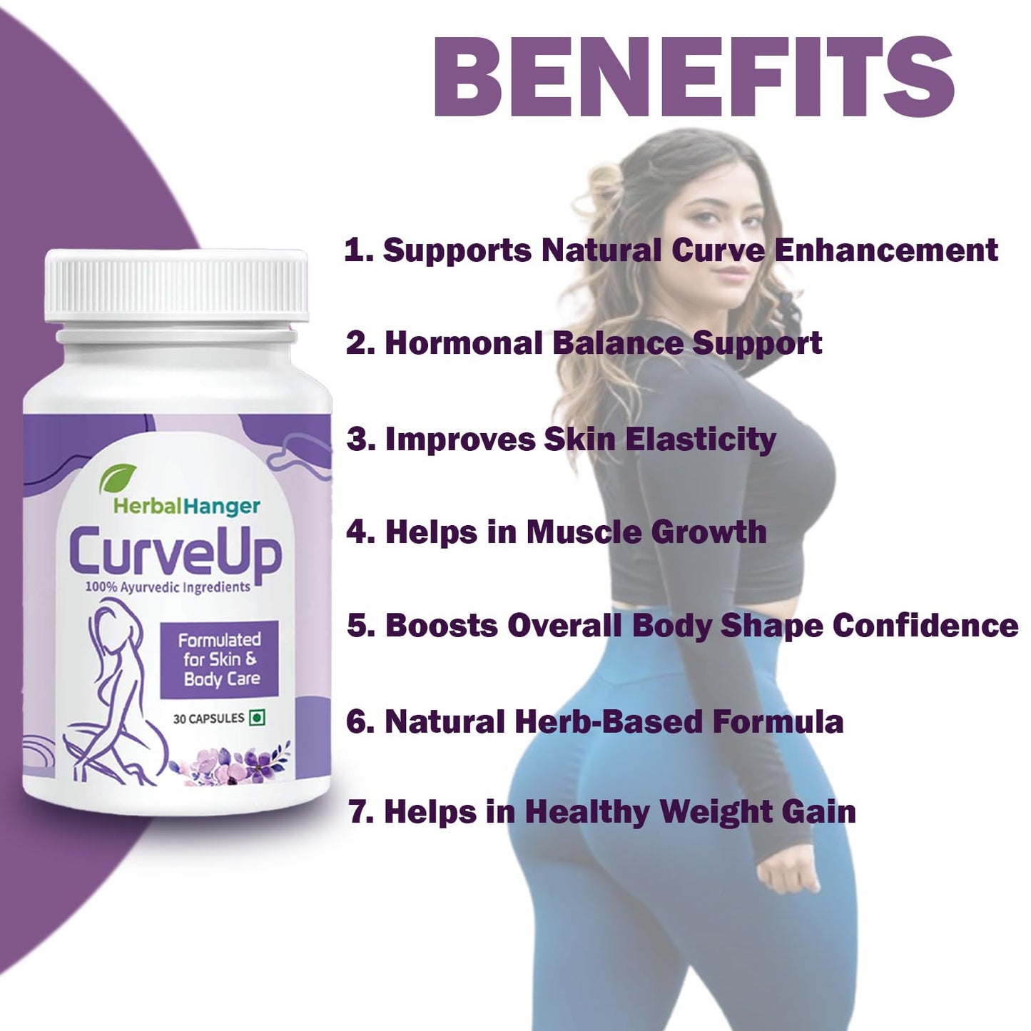 Herbal Hanger CurveUp Natural Hip Capsules, 30 Count, Ayurvedic Formula, 500mg Capsules with Jadhwar and Isabgol for Body Caree and Healthy Weight Supporrt