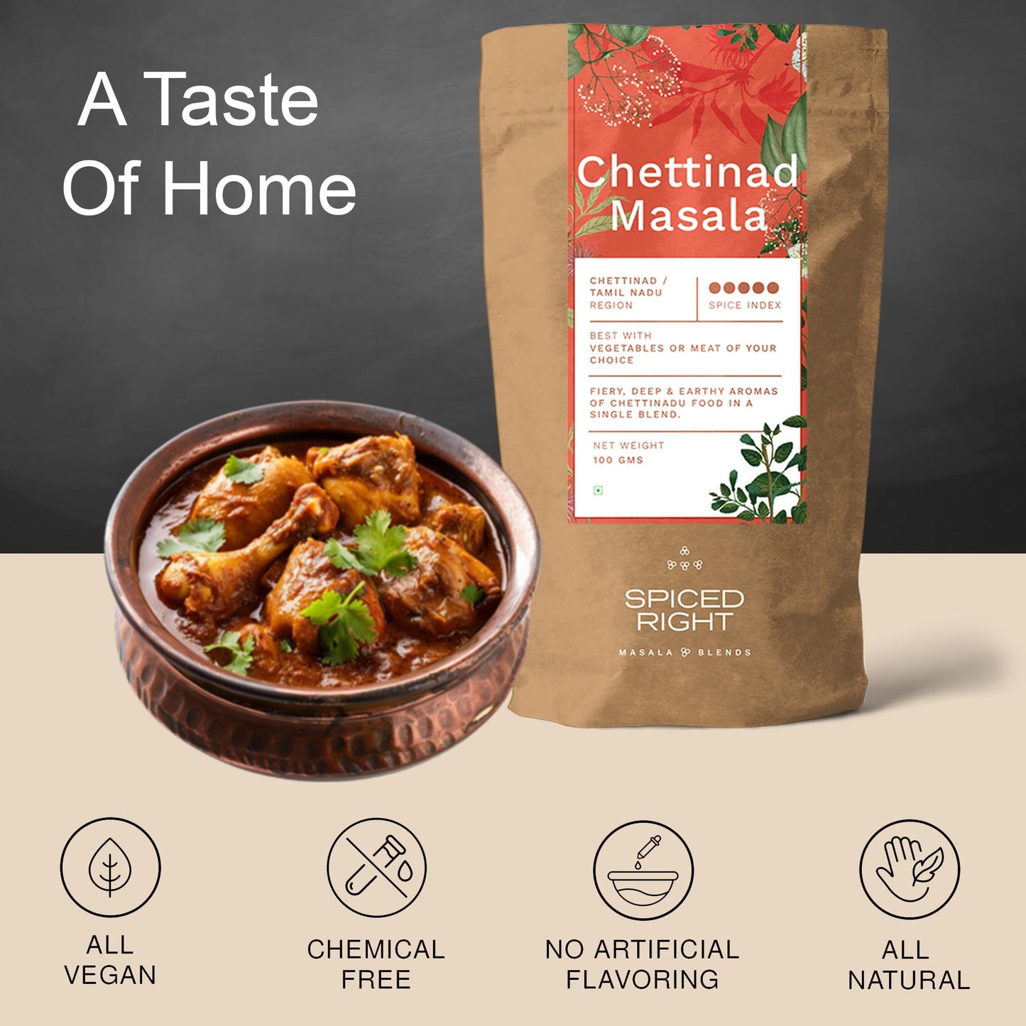 Spiced Right Chettinad Masala 200 g - South Indian Blend for Chicken Mutton Fish Prawns| No Preservatives or Artificial Colors | Authentic Hot Masala Spice Powder for Biryanis Curries & Gravies