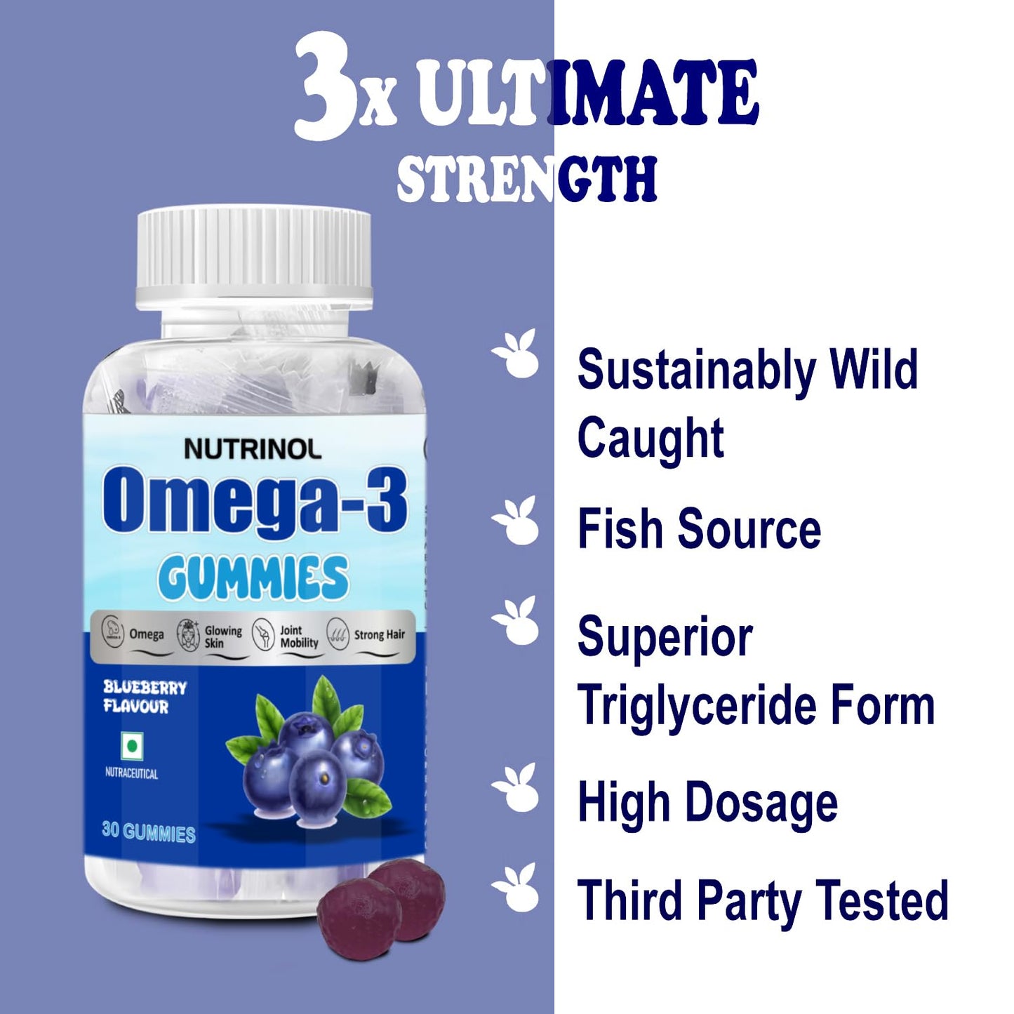 Knoll Healthcare Nutrinol Organics Vegan Omega-3 Flaxseed (145mg) Healthy Bones, Hair & Skin Glwing Skin Joint Strong Hair Veg Soft Gummies for Women & Men (Blueberry Flavour) 30 Gummies
