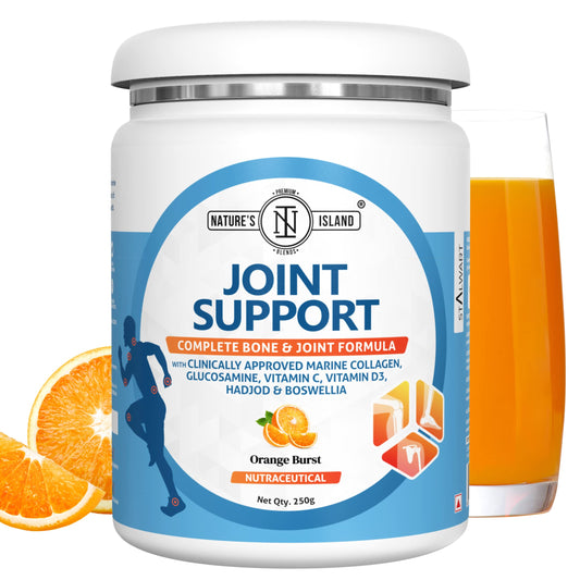 Nature's Island Joint Support Supplement with Marine Collagen, Glucosamine, Boswellia, Hadjod, Vitamin D3 and C for Cartilage, Bones & Joints | Relieves Joint Pain, Inflammation & Stiffness | 250g (Orange)