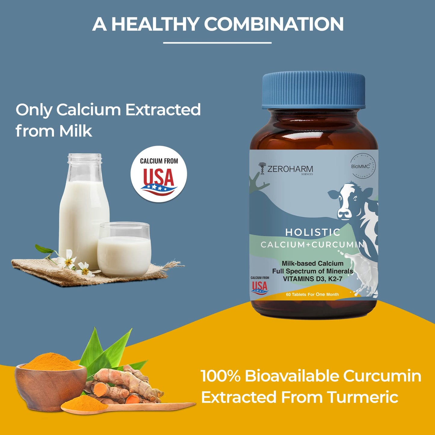 Holistic Calcium and Curcumin - Improves Joint Health, Strengthens Bones & Muscles - Boosts Immunity & Heart Health (60 Tablets)