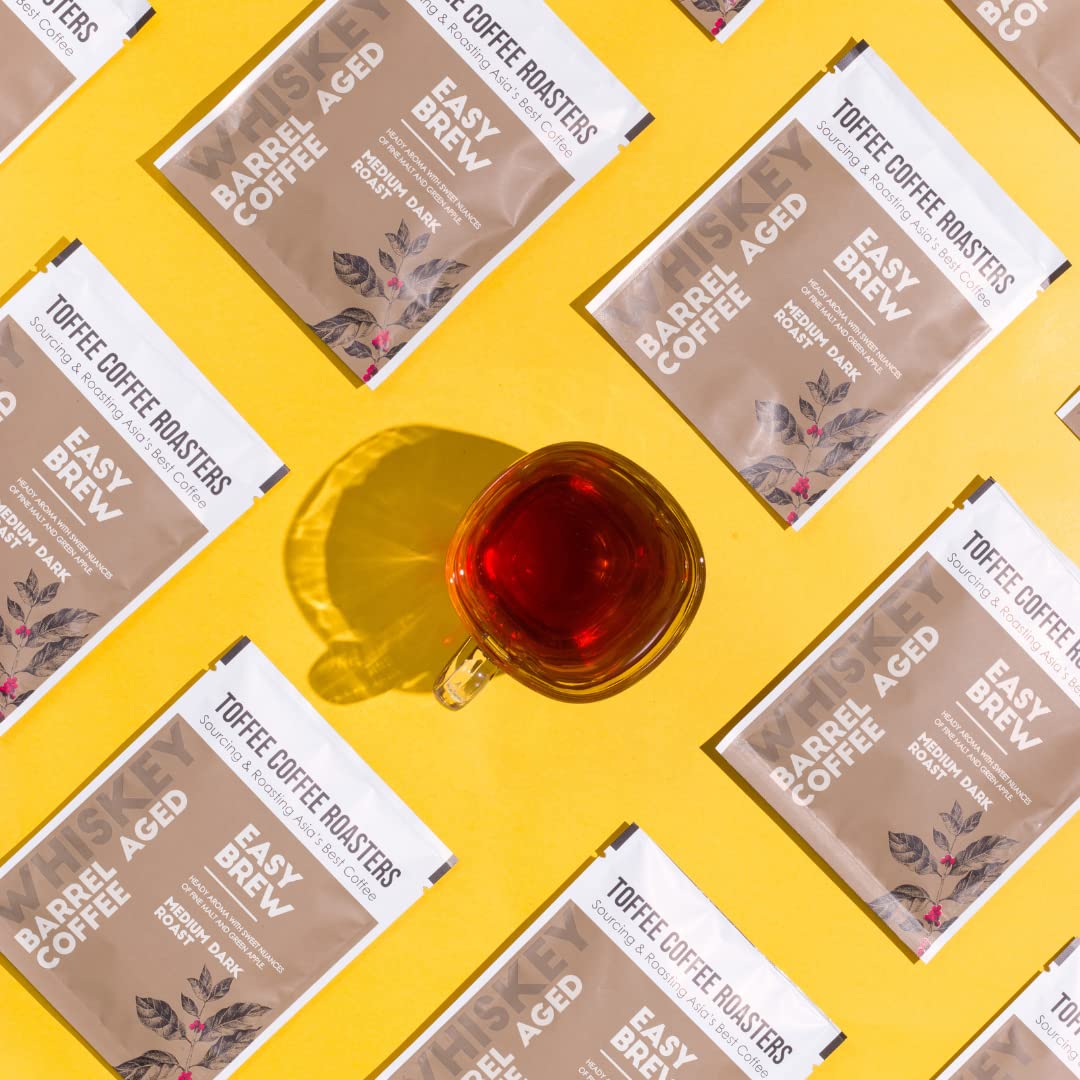 Toffee Coffee Roasters | Easy Brew (Hot Brew) Coffee | Single Malt Whiskey Barrel Aged Grounded Coffee | Pack of 8 Sachets | Medium Dark Freshly Roasted | Notes: Fine Malt & Green Apple