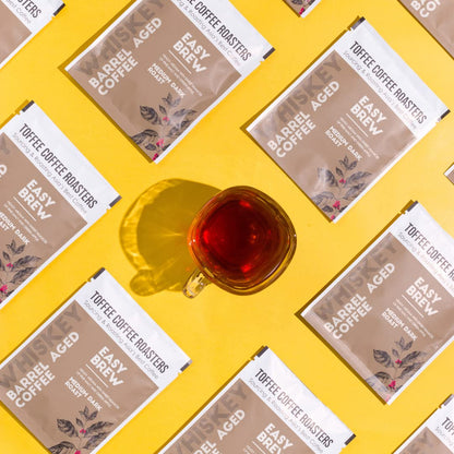 Toffee Coffee Roasters | Easy Brew (Hot Brew) Coffee | Single Malt Whiskey Barrel Aged Grounded Coffee | Pack of 8 Sachets | Medium Dark Freshly Roasted | Notes: Fine Malt & Green Apple