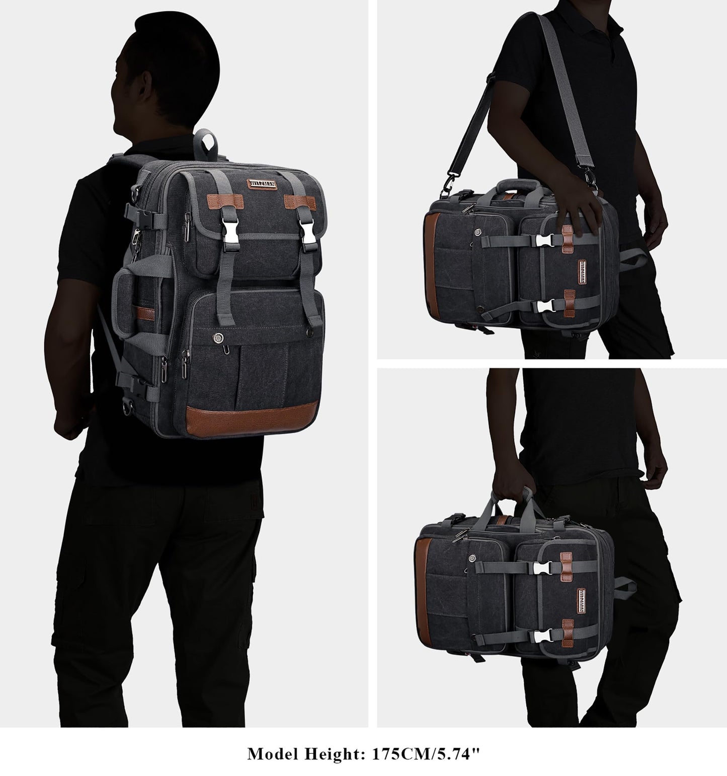 WITZMAN Canvas Travel Backpack for Men Large Laptop Backpack Fit 17 inch Carry-on Airline Approved Convertible Shoulder Rucksack(A6617 Black)