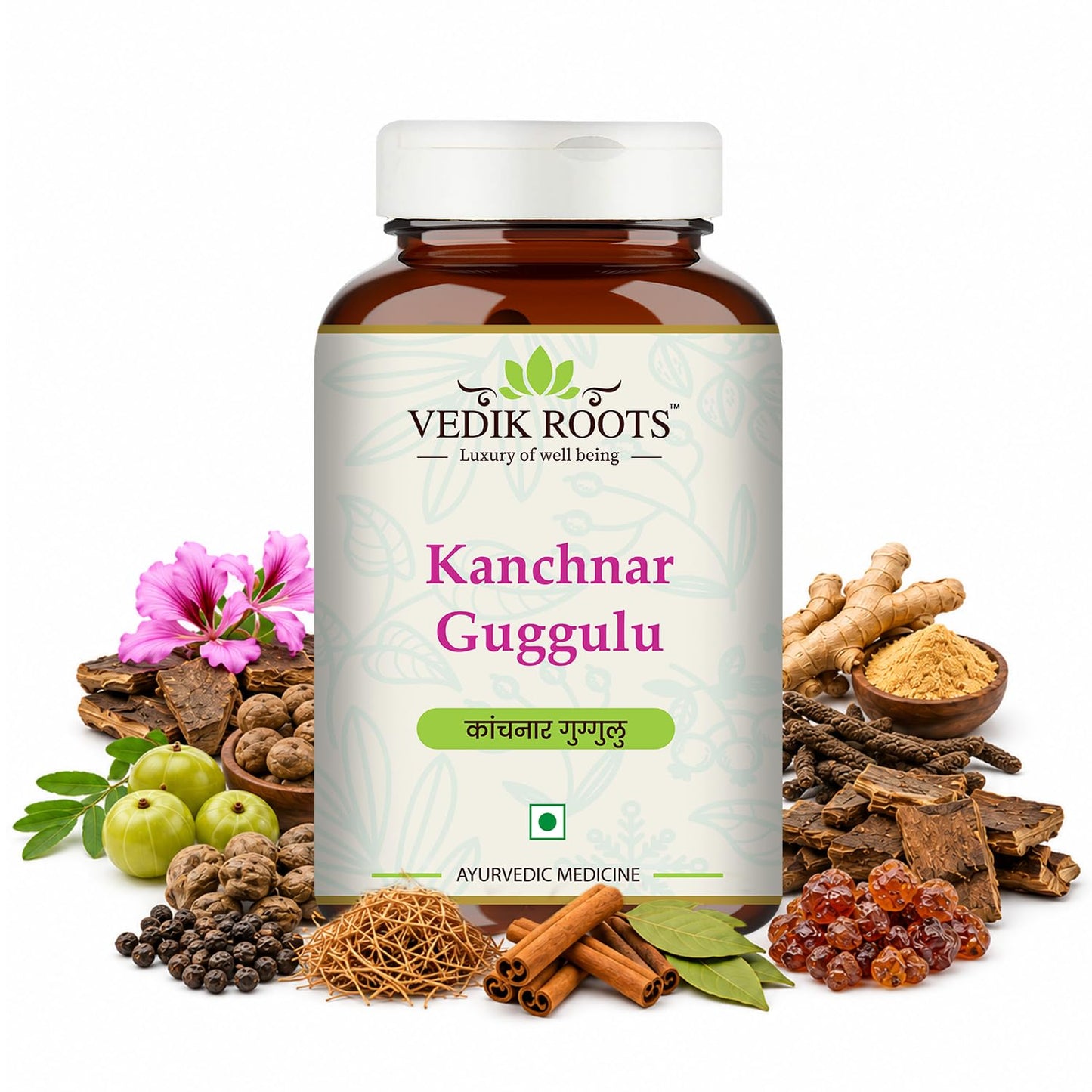 Vedikroots Kanchnar Guggulu - Ayurvedic Supplement For Thyroid | Hormonal Balance For Women | Reduces Joint and Muscles pain | For Swollen Lymph Nodes | 60 Tablets (Pack of 1)