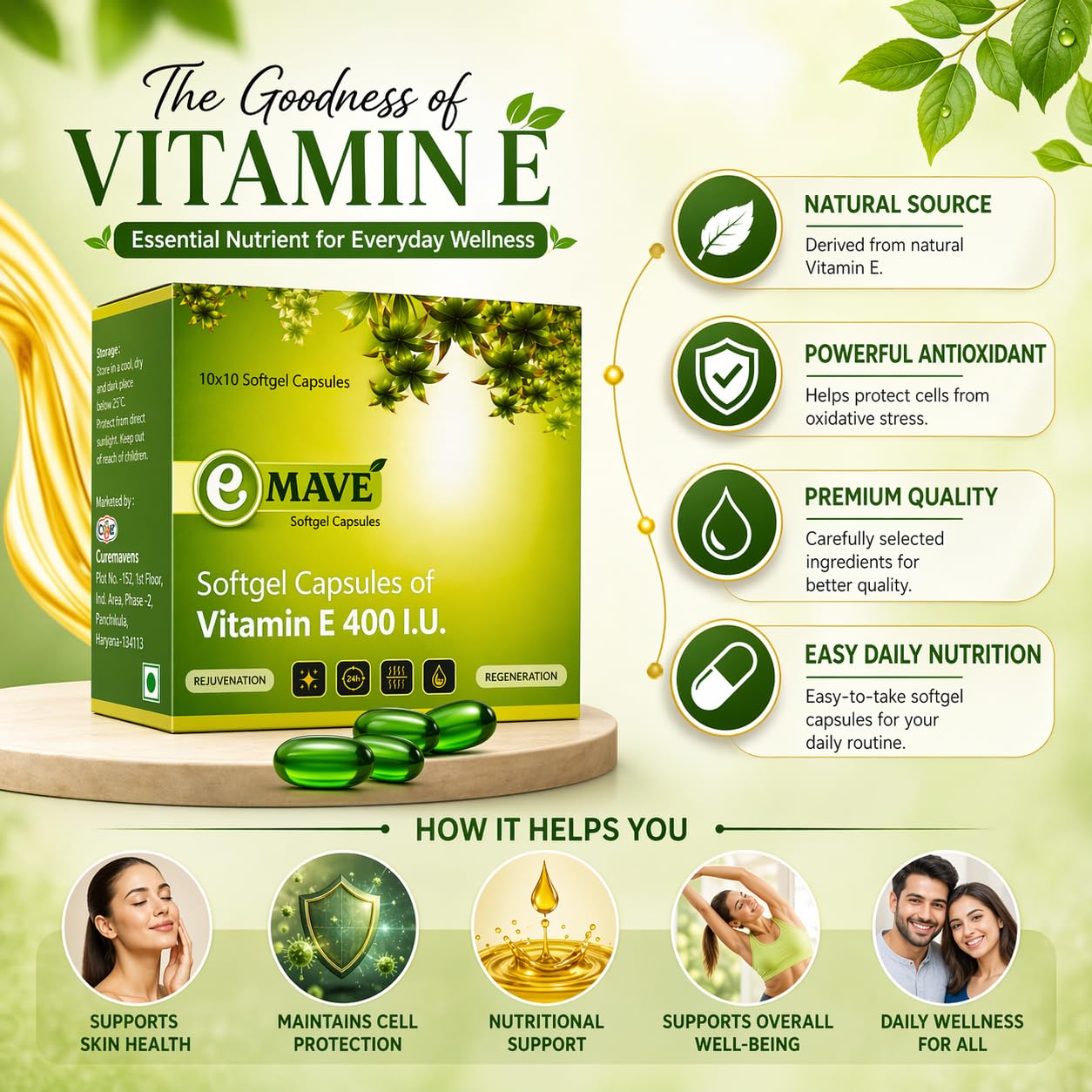 Curemavens Vitamin E 400 IU Softgel Capsules | Vitamin E Supplement for Daily Wellness | Easy-to-Consume Softgels | Nutraceutical Supplement | 30 Softgel Capsules