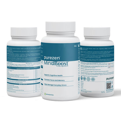 Purezen MindBoost | Brain Health Supplement for Focus, Clarity & Mental Performance | With Ginkgo, Ashwagandha, Omega-3 & Bacopa | 60 Capsules
