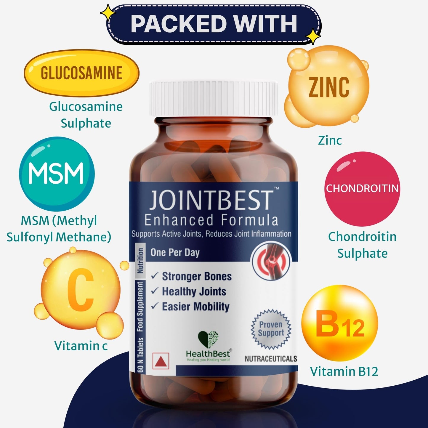 HealthBest Joint Support Supplement - 60 Glucosamine Tablets with Chondroitin, MSM, Vitamin C, D3, B12 for Joint Strength, Pain Relief & Flexibility