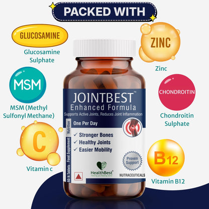 HealthBest Joint Support Supplement - 60 Glucosamine Tablets with Chondroitin, MSM, Vitamin C, D3, B12 for Joint Strength, Pain Relief & Flexibility