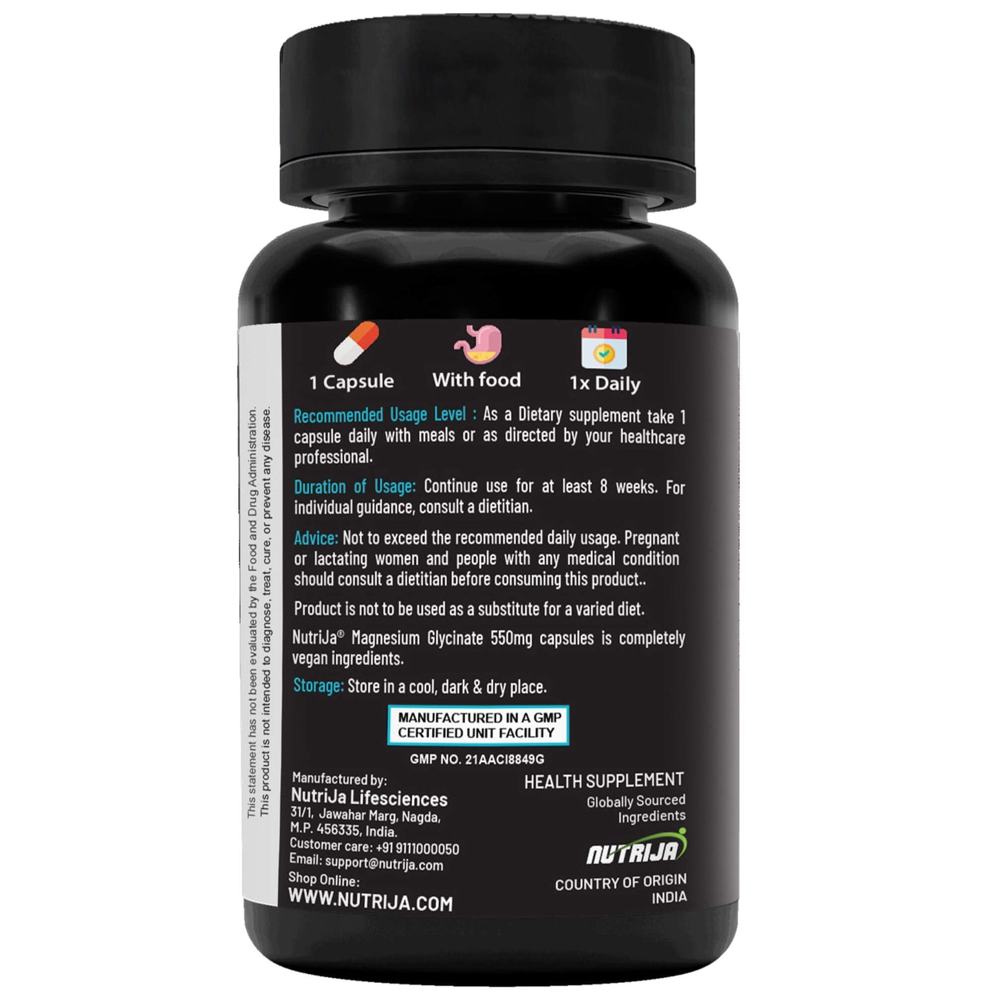 NutriJa Magnesium Glycinate 550mg | 121mg Elemental Magnesium | Chelated Magnesium Supplement for Sleep, Relaxation, Muscle & Nerve Support | 60 Vegetarian Capsules