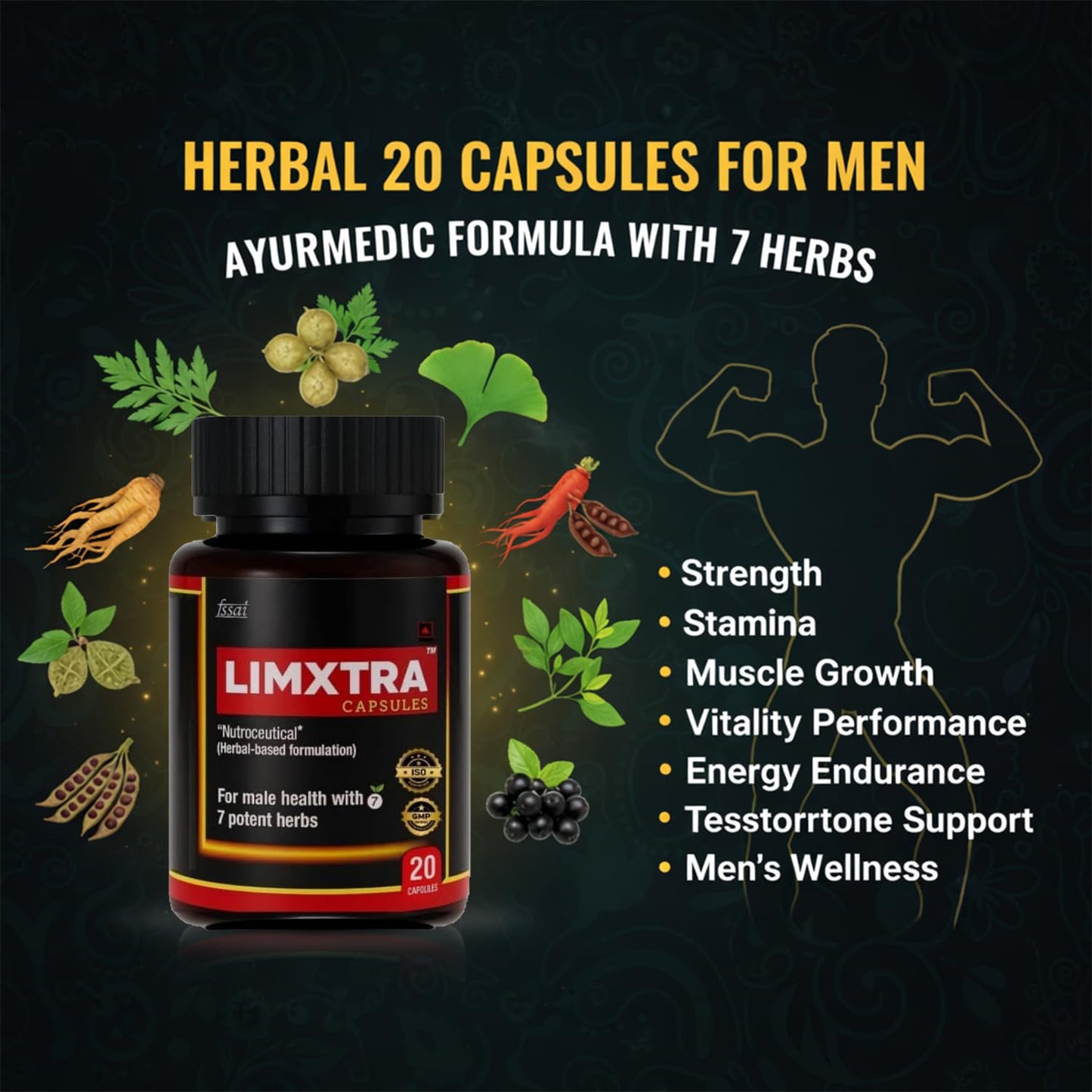 LIMXTRA Testosterone Support for Men | Ayurvedic Formula Ashwagandha, Shatavari, Gokshura, Kauch Beej, Biloba & Asian Red Ginseng | For Energy, Stamina, Vitality & Muscle Mass (20 Capsules)