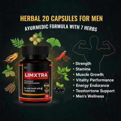 LIMXTRA Testosterone Support for Men | Ayurvedic Formula Ashwagandha, Shatavari, Gokshura, Kauch Beej, Biloba & Asian Red Ginseng | For Energy, Stamina, Vitality & Muscle Mass (20 Capsules)