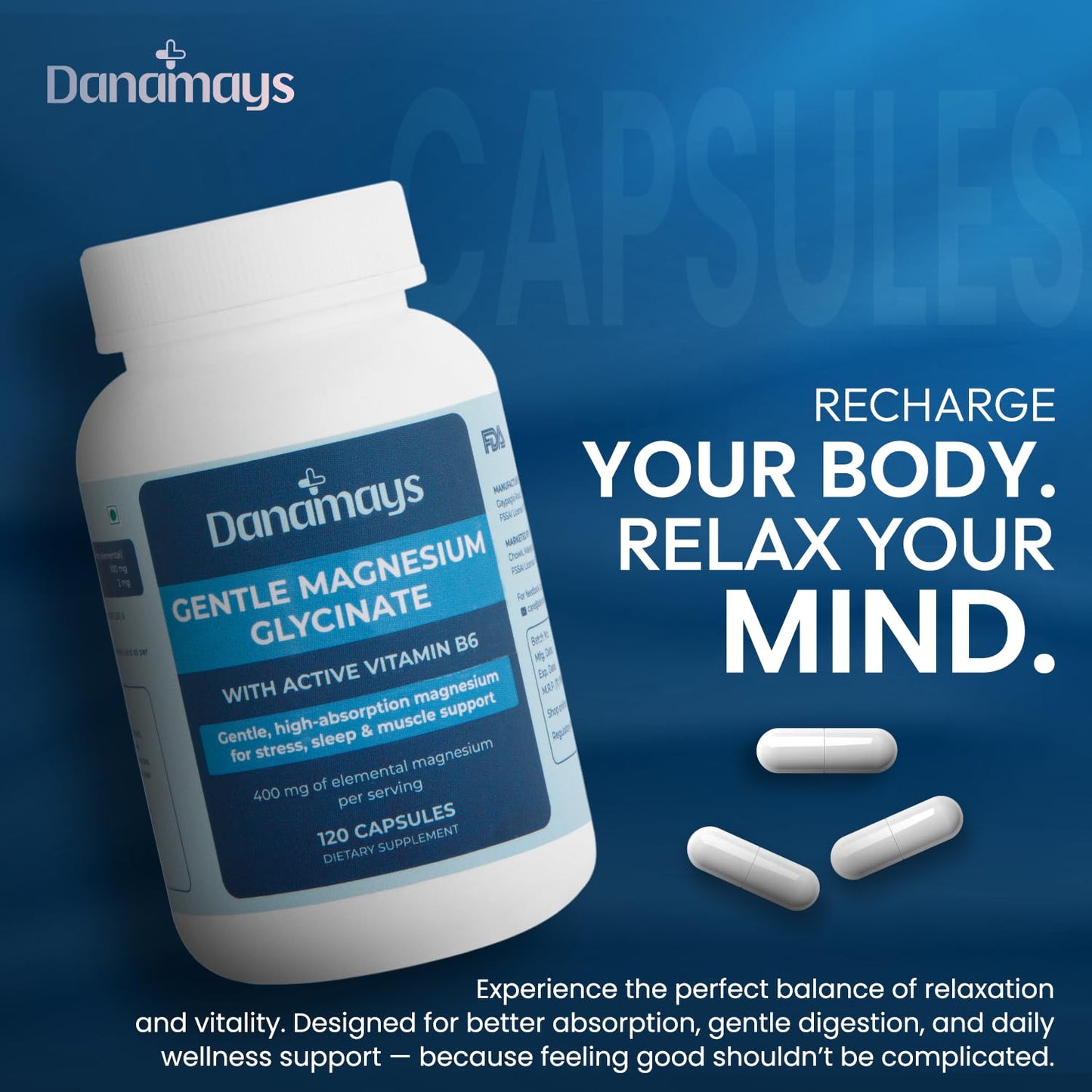 DANAMAYS Magnesium Glycinate 400mg with Vitamin B6 | Premium Daily Wellness Capsules for Relaxation, Restful Sleep | Muscle Comfort and Everyday Balance 120 Capsules everyday care