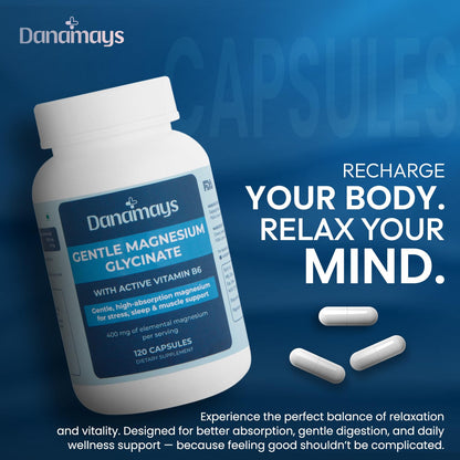 DANAMAYS Magnesium Glycinate 400mg with Vitamin B6 | Premium Daily Wellness Capsules for Relaxation, Restful Sleep | Muscle Comfort and Everyday Balance 120 Capsules everyday care