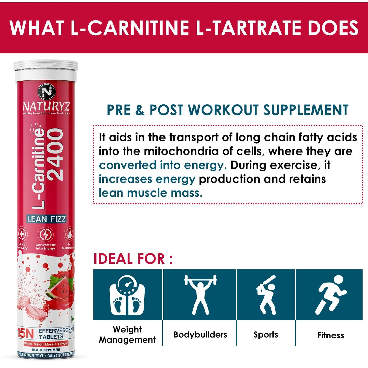 Naturyz L-Carnitine L Tartrate 2400 mg Converts fat into Energy|Energy & Endurance|Performance & Recovery - 15 capsules (Water Melon Masala Flavour), 1 count
