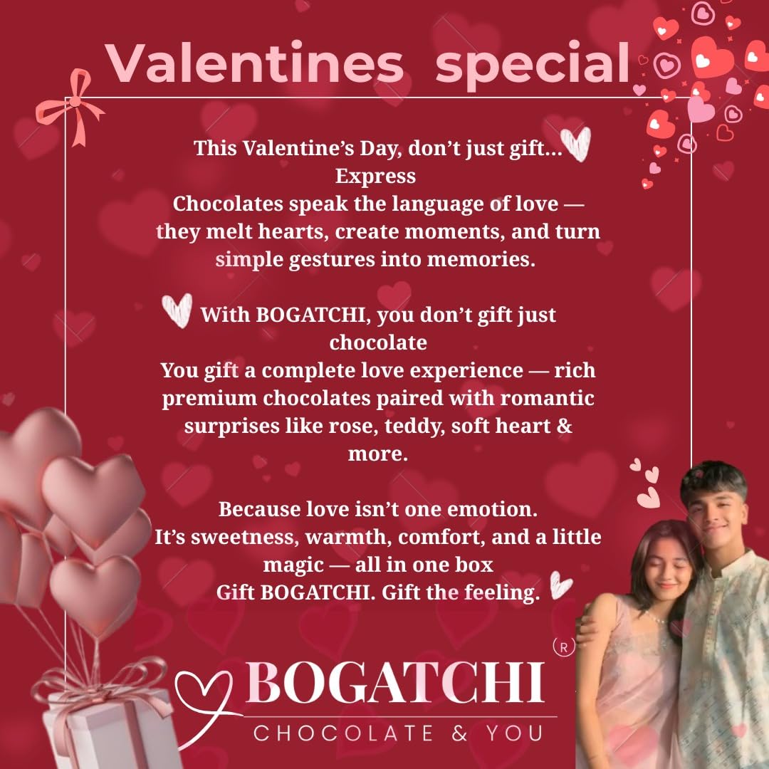 BOGATCHI Valentine’s Day Chocolate Gift | 3 Choco Hearts Box with Free Valentine Card & Rose | Gift for Girlfriend, Boyfriend, Wife, Husband