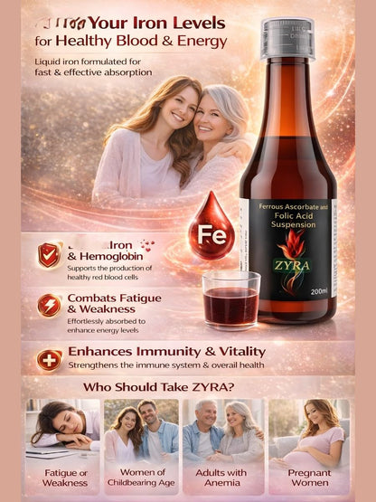 RITE AID HEALTH CARES ZYRA Ferrous Ascorbate & Folic Acid Suspension | Iron Supplement Syrup to Help Support Energy & Wellness | Gentle Formula with High Bioavailability (200ml)