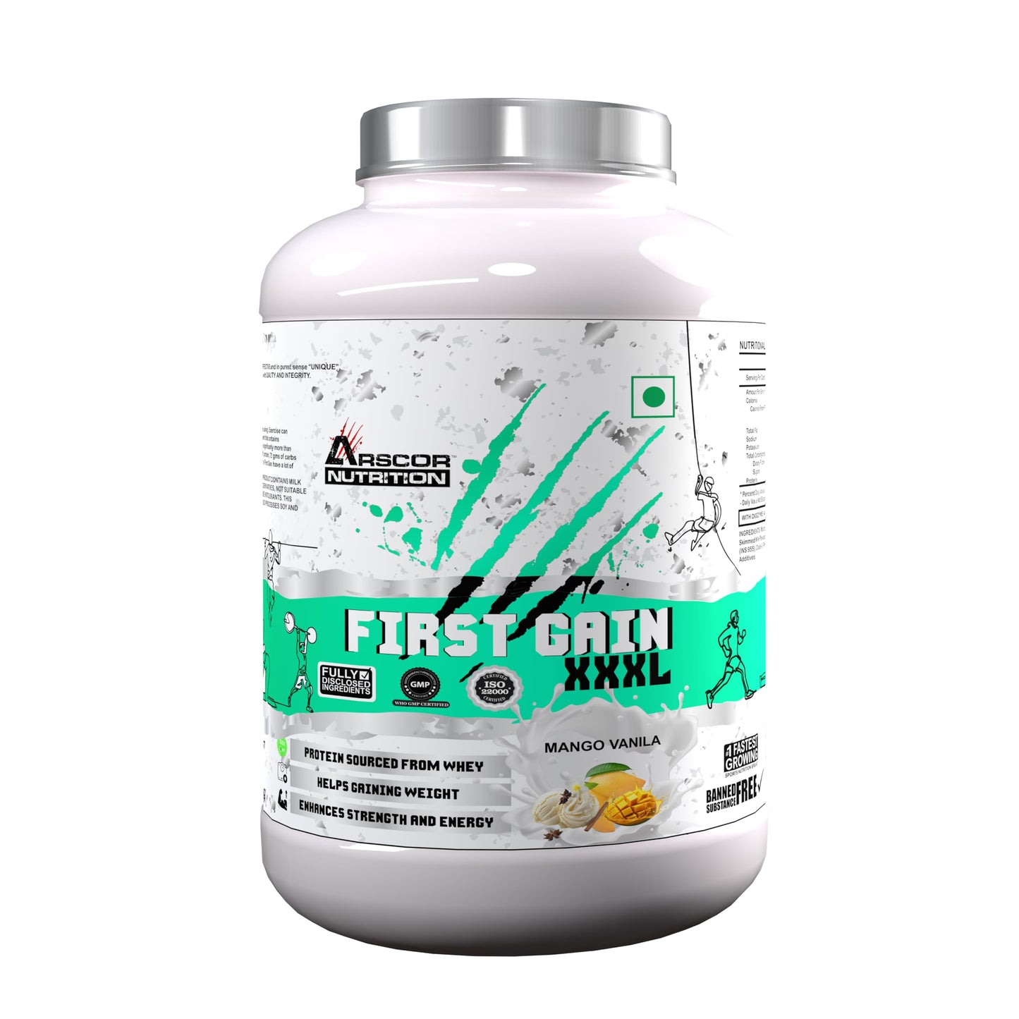 Arscor's First Gain Mass Gainer Powder | High-Calorie Weight Gainer with Whey Protein & Complex Carbs | Muscle Mass & Strength Builder | No Added Sugar (2.5 Kg, Mango Vanilla)
