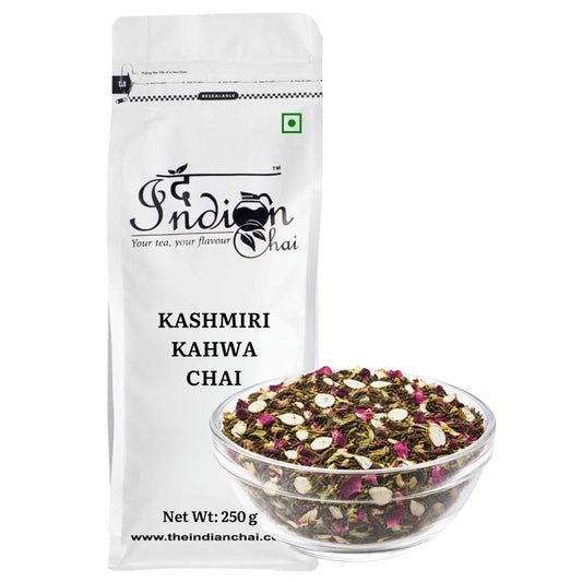 The Indian Chai - Kashmiri Kahwa Chai 250g, Bulk Pack, with Darjeeling Green Tea, Almond, Cardamom, Clove, Cinnamon, Ginger, Rose Petal & Saffron for Digestion and Metabolism, Supports Weight Loss